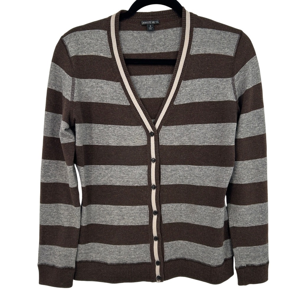 Lafayette 148 New York Striped V-Neck Cardigan Brown Grey Virgin Wool Blend Sz S